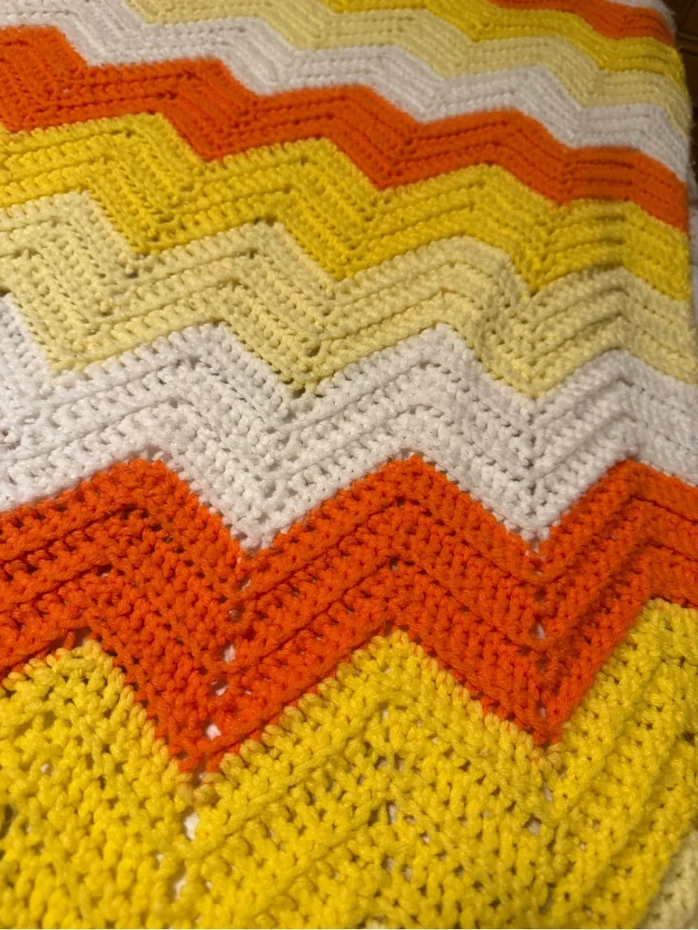 Vibrant Handmade Chevron Crochet Throw Blanket - Orange, Yellow & White Vintage